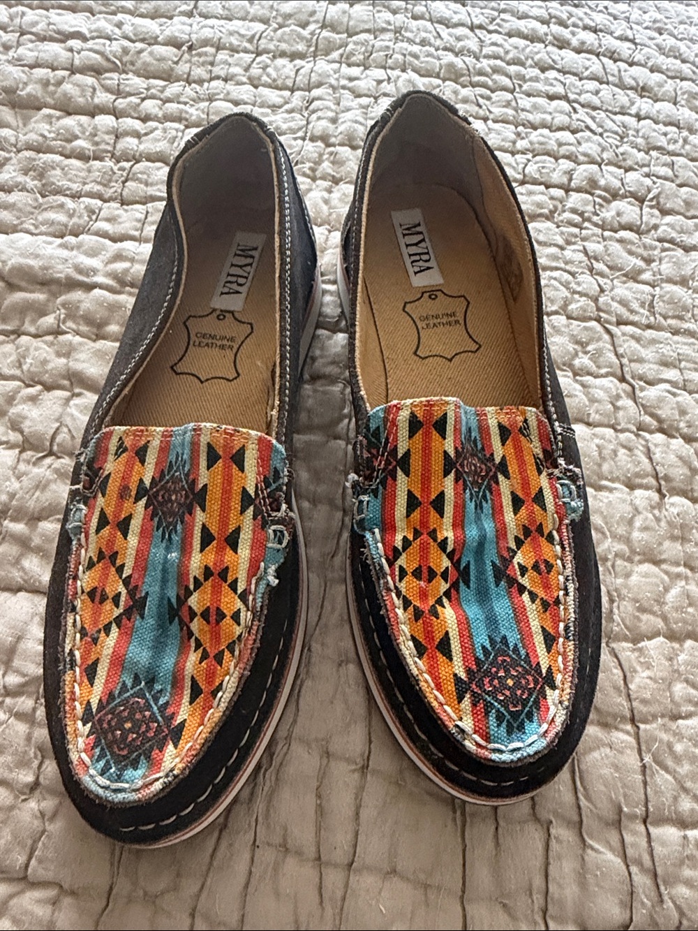 Myra Multicolor Aztec Canvas & Brown Leather Slip-On Loafers size 7